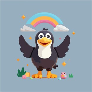 快乐企鹅在彩虹下欢呼