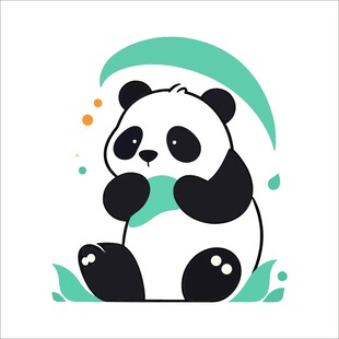 可爱熊猫手持竹叶坐于地