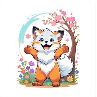 可爱狐狸在花丛树旁欢跳