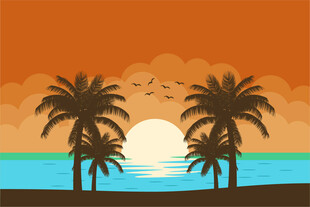 夕阳下的海边棕榈树美景