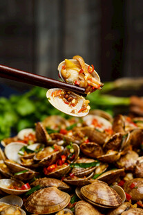 筷子夹起美味蛤蜊