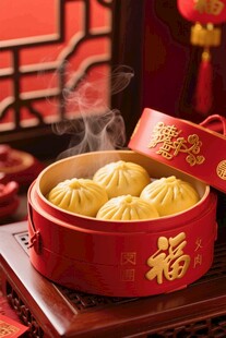 喜庆福字蒸笼里的美味包子