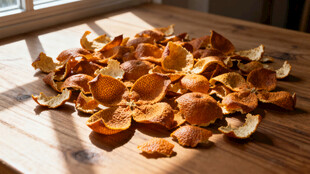 木制桌面上的干橘子皮