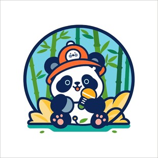 戴帽熊猫坐于竹林间