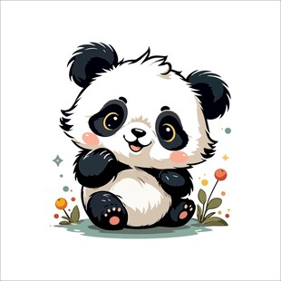 可爱熊猫坐于花丛中