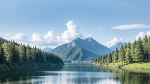 湖畔青山绿树自然风光