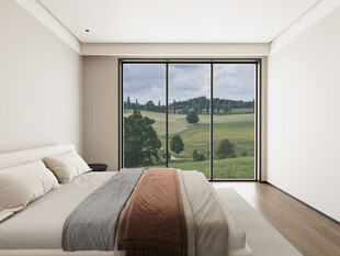 现代卧室窗外田园美景