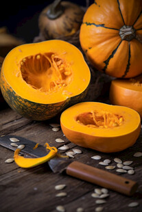 切开的南瓜与刀具和种子