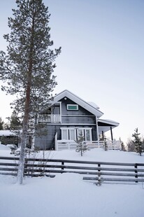 雪覆木屋旁的挺拔松树