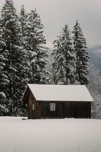 雪覆山林中的静谧小屋
