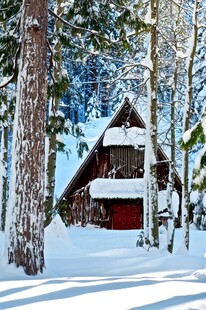 雪林中的红顶木屋