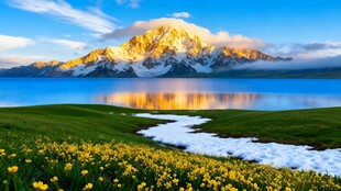 湖畔花海映雪山美景