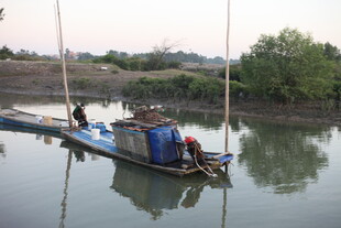 河边停泊的简易船只
