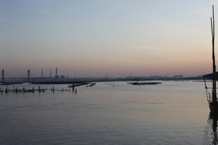 黄昏海港静谧停泊的船只