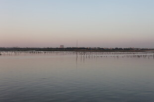 平静湖面与远处天际线
