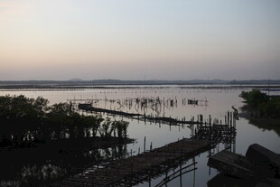 黄昏下的水上木栈道景观