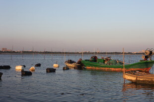 湖畔停泊的船只与浮标