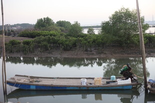 河边停泊的小船与垂钓者