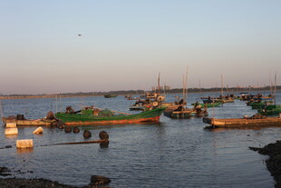 夕阳下的渔港景象