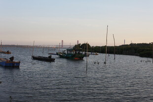 黄昏海港中的停泊船只