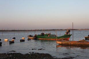 黄昏湖畔停泊的几艘小船