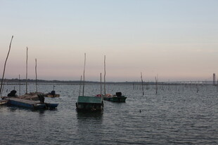 黄昏下宁静的停泊帆船处