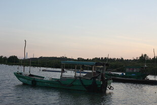 河畔停泊的绿色渔船