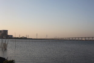 黄昏下的水域与远处桥梁