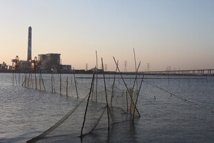 黄昏下的水边工厂景象
