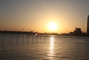 夕阳下的水面与远处建筑