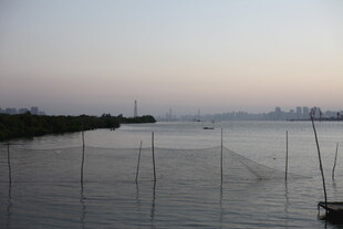 江边暮色中的围栏景观