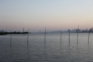 黄昏下宁静的水面与桩柱