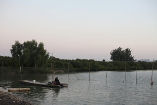 湖畔小船悠然垂钓场景
