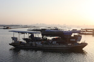 夕阳下停泊的水上船只