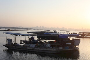 夕阳下的水上船只