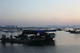 黄昏下的水上船只景象