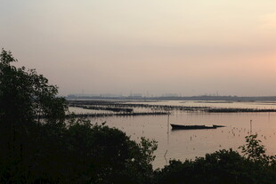 黄昏湖畔小船静谧景致