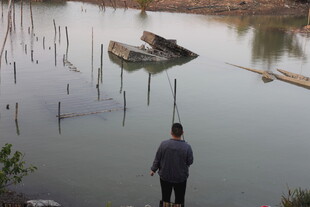 男子岸边望水中漂浮船只