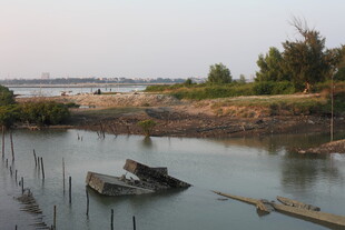宁静河岸的废弃船只景象