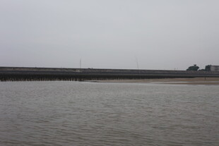 平静水域与远处堤岸景观