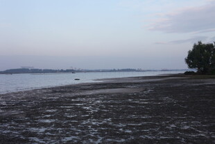 黄昏下的静谧湖畔沙滩