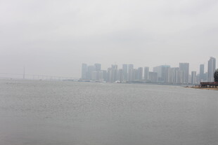 雾中城市滨水景观