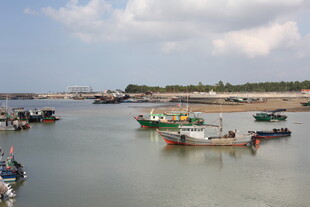 海港停泊的多彩渔船