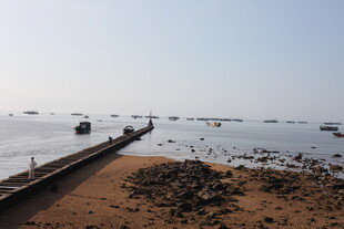 海边栈桥与停泊船只景观