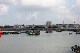 江边停泊多艘船只景象