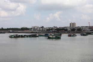 江边停泊的船只与城市景