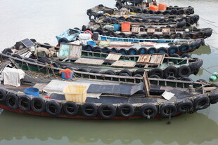 水上停泊的多艘简易船只