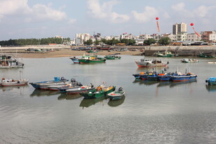 海港停泊的多彩渔船
