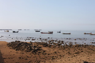 海边沙滩停泊的众多船只