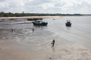 海滩上的船只与漫步行人